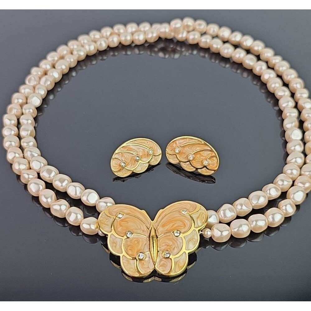 KJL for Avon Necklace and Earrings Set Butterfly Front Clasp Pear Vintage